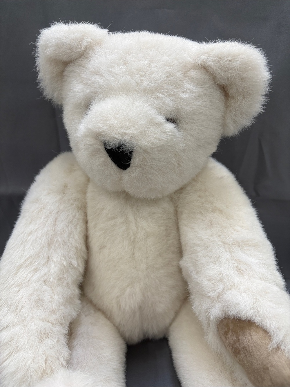 The Vermont Teddy Bear Company white poseable bear with tan paws and black nose - Picture 2 of 14